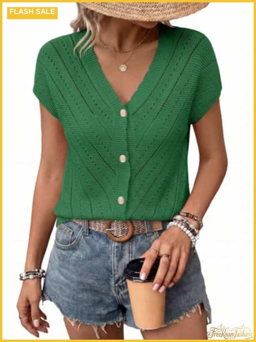 Crochet Knit V-Neck Cardigan Sweater Summer Lightweight Short Sleeve Women Top